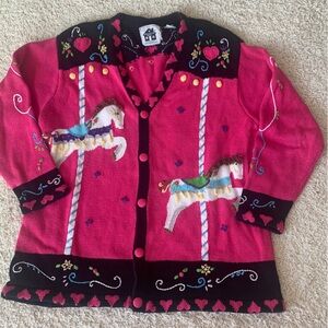 Storybook Knits Black and Pink Embroidered Cardigan w/Carousel Ponies - 1X